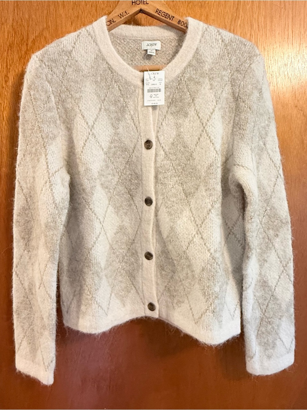 J. Crew Cream and Light Gray Argyle Fuzzy Button Cardigan